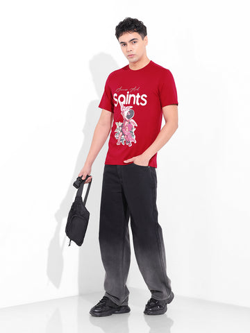 Men's Red Slim Fit Graphic Printed T-Shirt