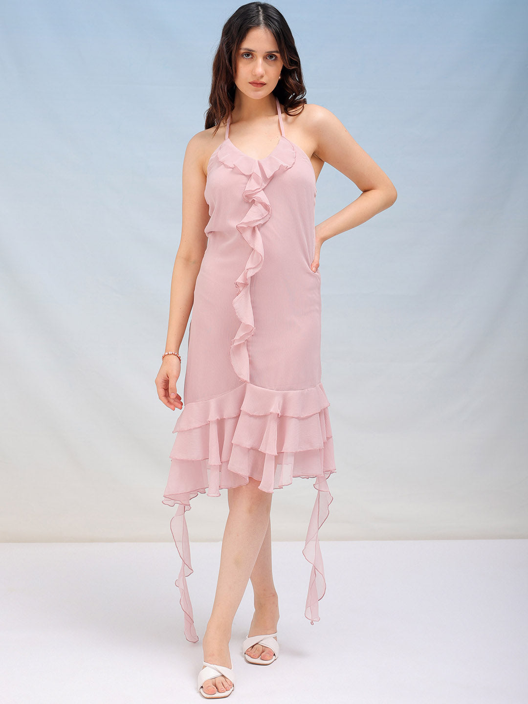 Shop Women's Solid Fitted Halter Neck Ruffle Dress Online.