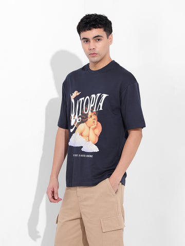 Men's Navy Boxy Oversized Placement Print Round Neck T-shirt
