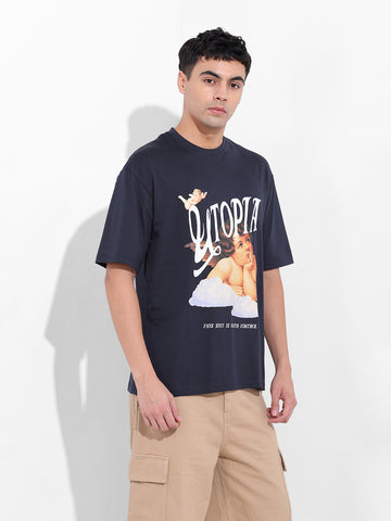 Men's Navy Boxy Oversized Placement Print Round Neck T-shirt