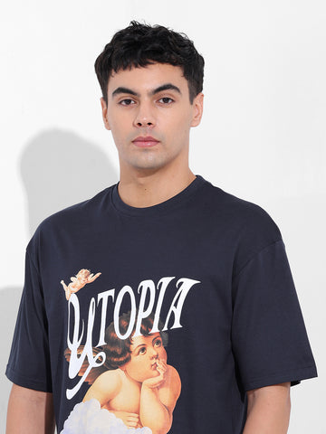 Men's Navy Boxy Oversized Placement Print Round Neck T-shirt