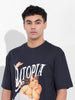 Men's Navy Boxy Oversized Placement Print Round Neck T-shirt