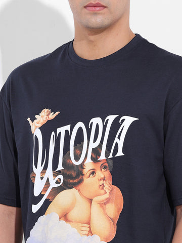 Men's Navy Boxy Oversized Placement Print Round Neck T-shirt