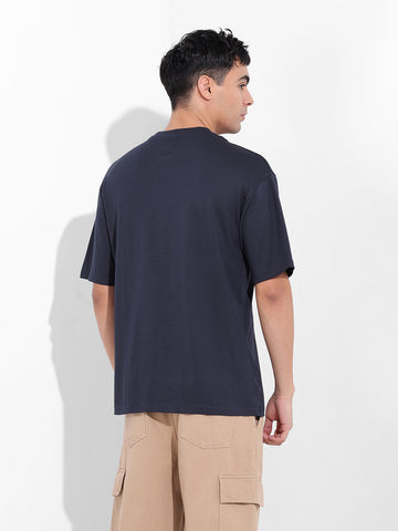 Men's Navy Boxy Oversized Placement Print Round Neck T-shirt