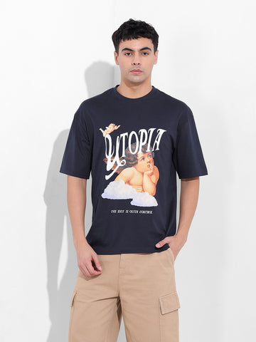 Men's Navy Boxy Oversized Placement Print Round Neck T-shirt