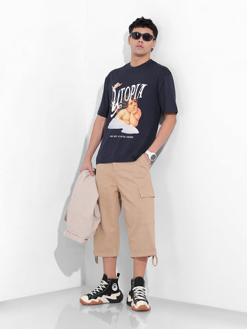 Men's Navy Boxy Oversized Placement Print Round Neck T-shirt