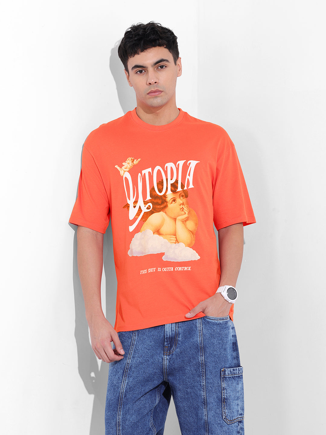 Men's Red Boxy Oversized Placement Print Round Neck T-shirt