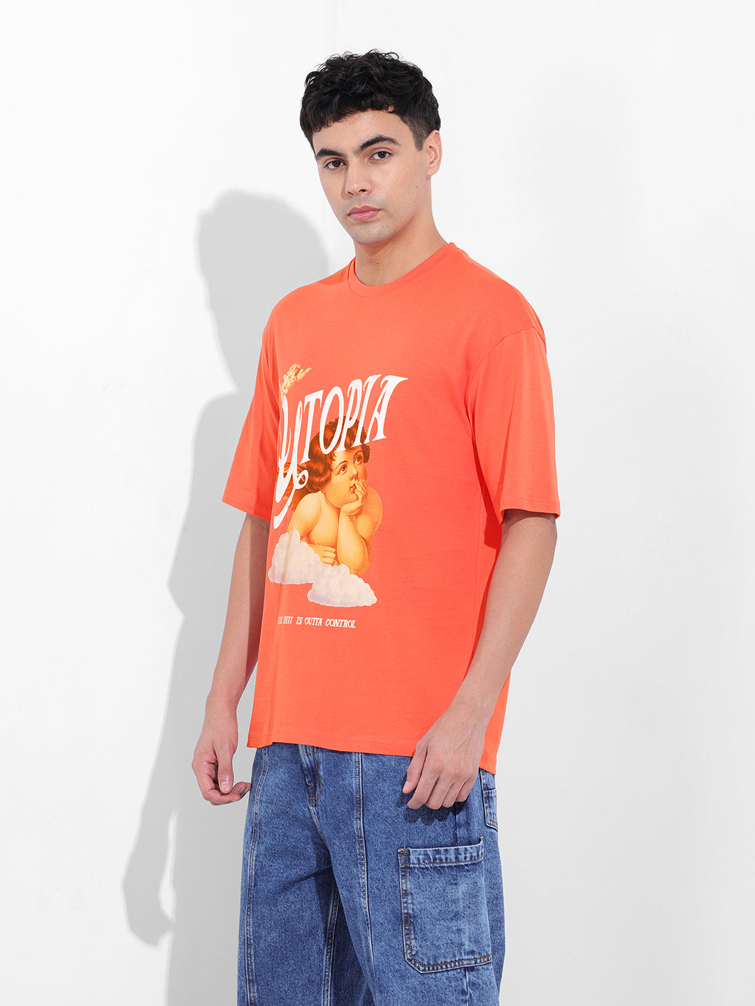 Men's Red Boxy Oversized Placement Print Round Neck T-shirt