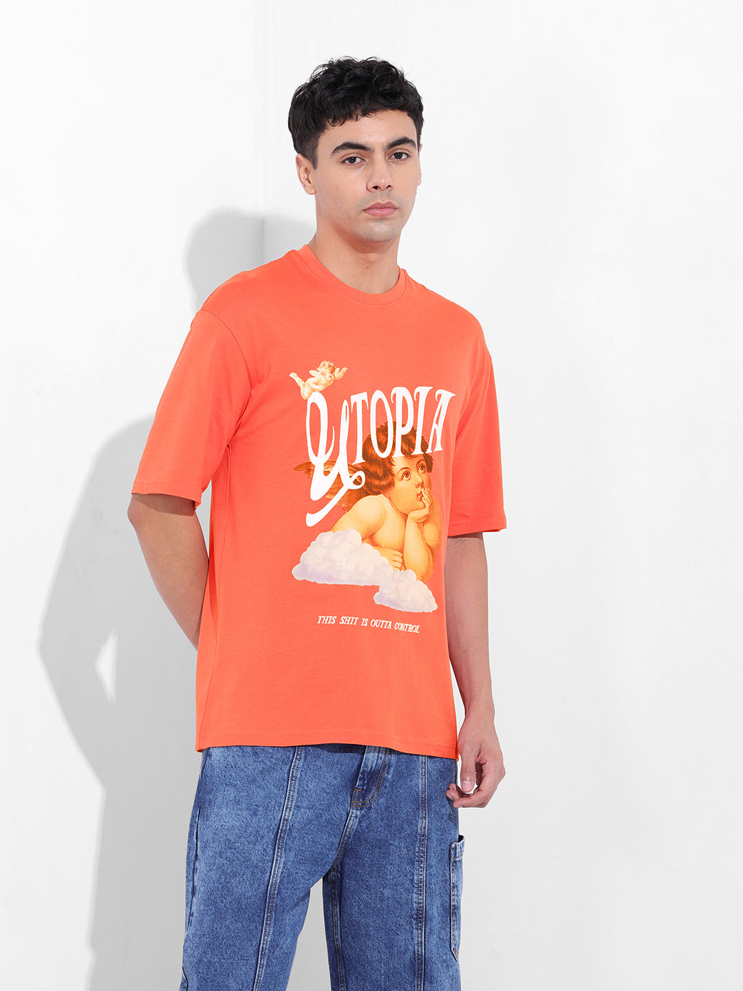 Men's Red Boxy Oversized Placement Print Round Neck T-shirt
