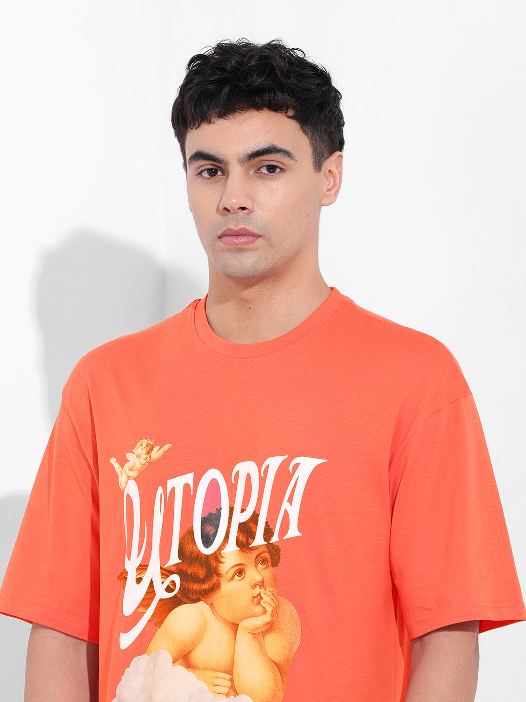 Men's Red Boxy Oversized Placement Print Round Neck T-shirt