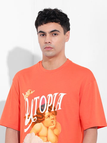 Men's Red Boxy Oversized Placement Print Round Neck T-shirt