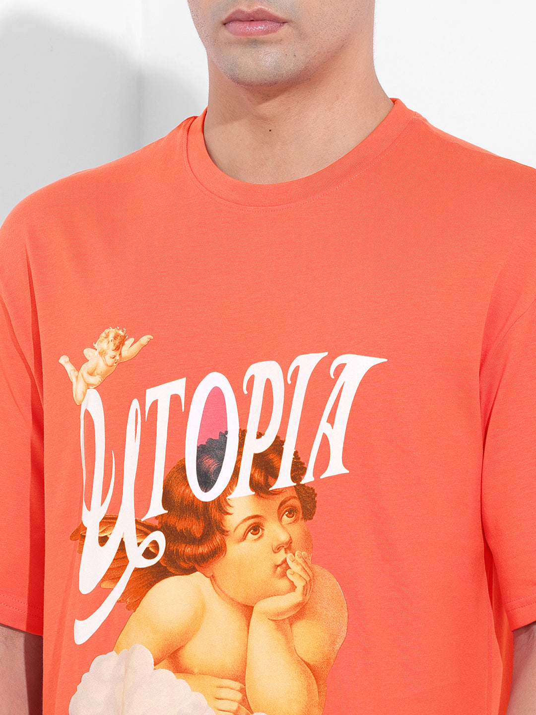 Men's Red Boxy Oversized Placement Print Round Neck T-shirt