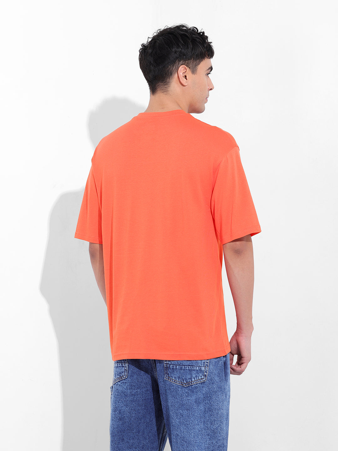 Men's Red Boxy Oversized Placement Print Round Neck T-shirt