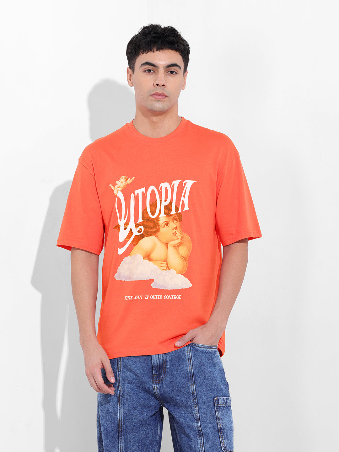 Men's Red Boxy Oversized Placement Print Round Neck T-shirt