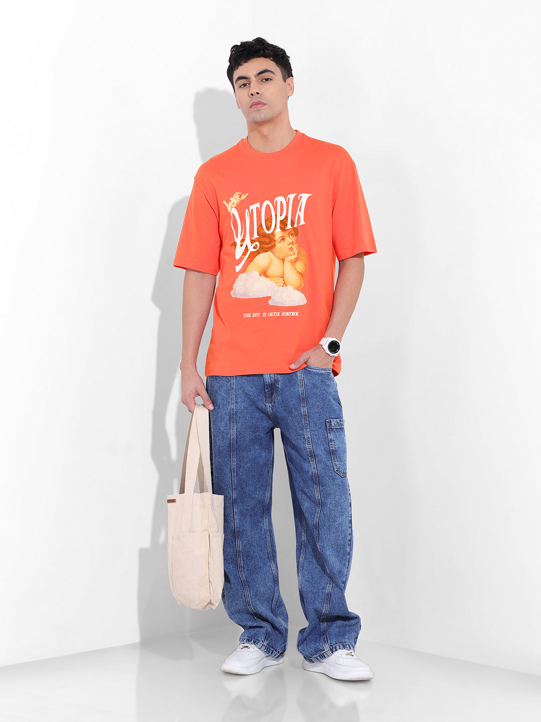 Men's Red Boxy Oversized Placement Print Round Neck T-shirt