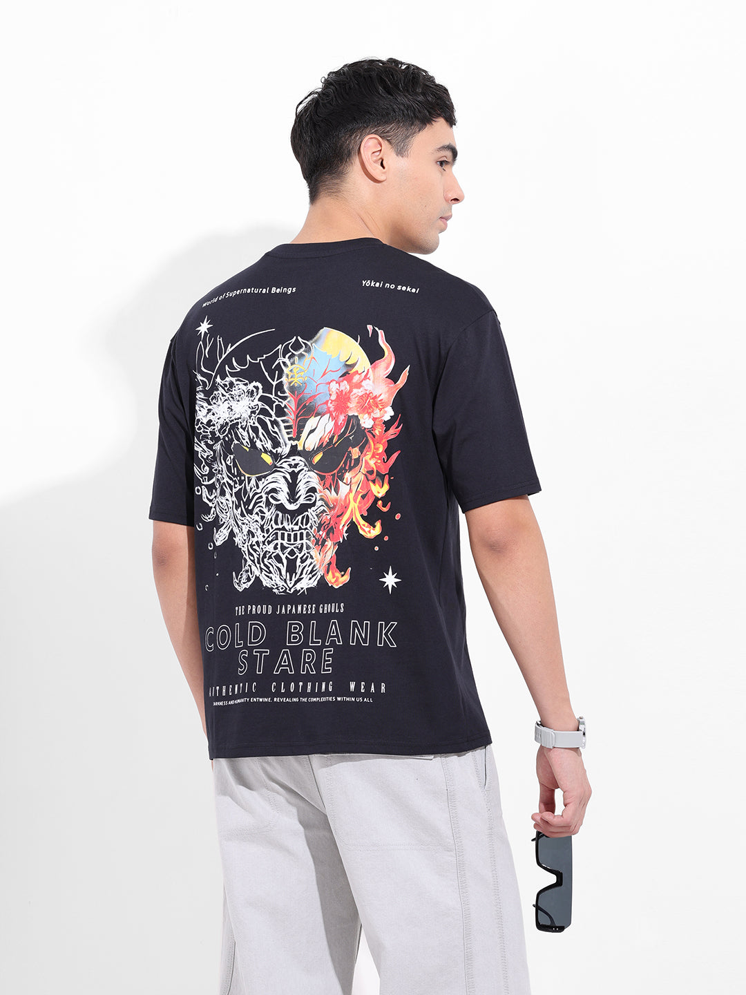 Men's Black Boxy Oversized Graphic Back Printed Round Neck T-shirt
