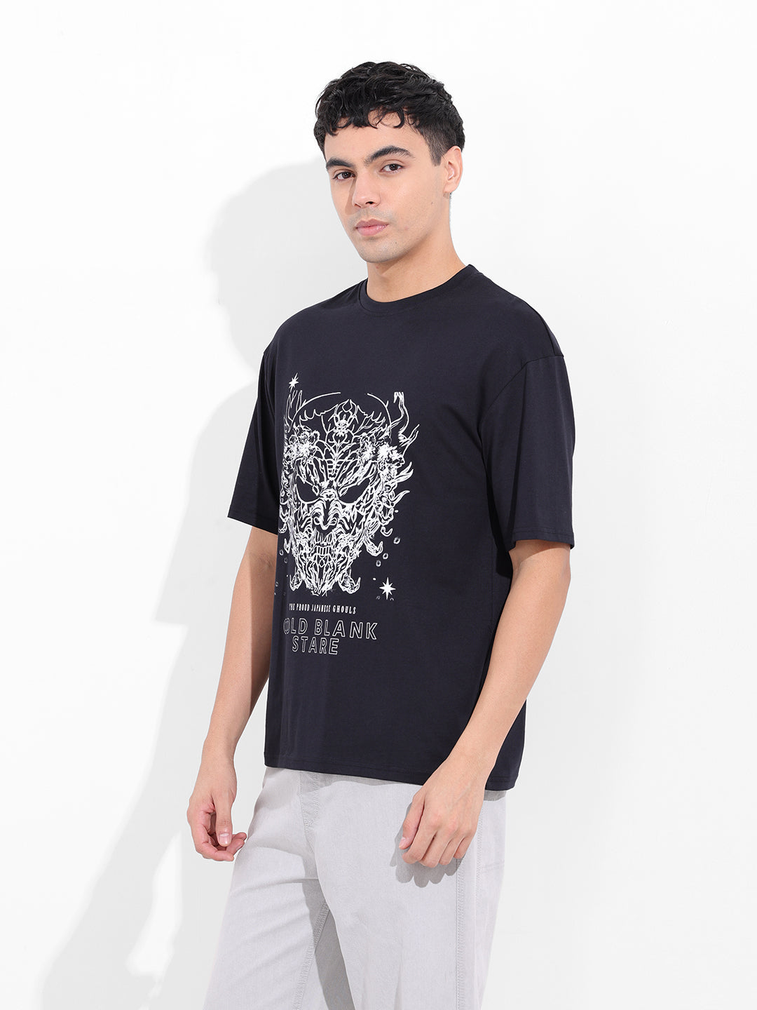 Men's Black Boxy Oversized Graphic Back Printed Round Neck T-shirt