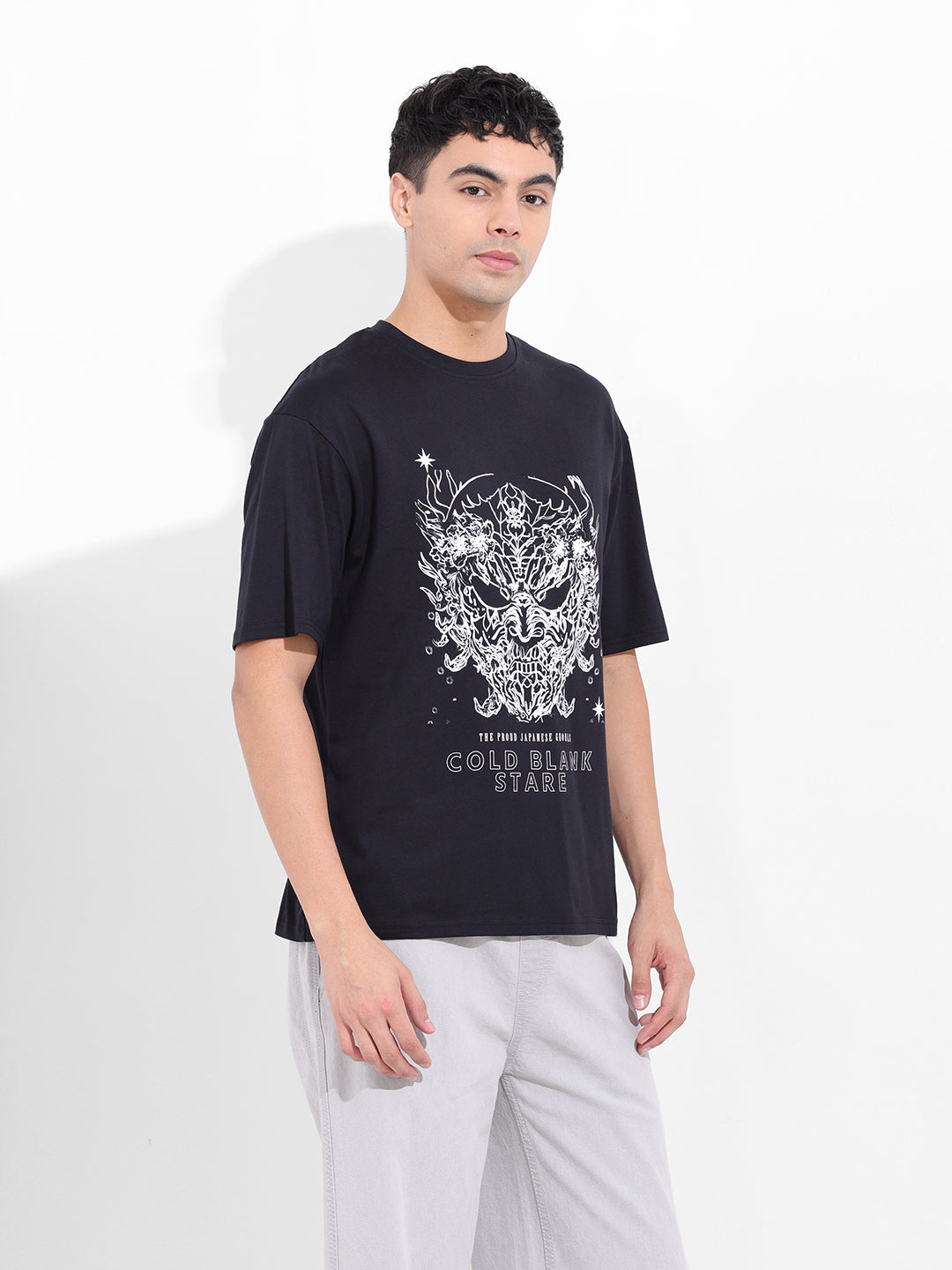 Men's Black Boxy Oversized Graphic Back Printed Round Neck T-shirt
