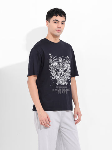 Men's Black Boxy Oversized Graphic Back Printed Round Neck T-shirt