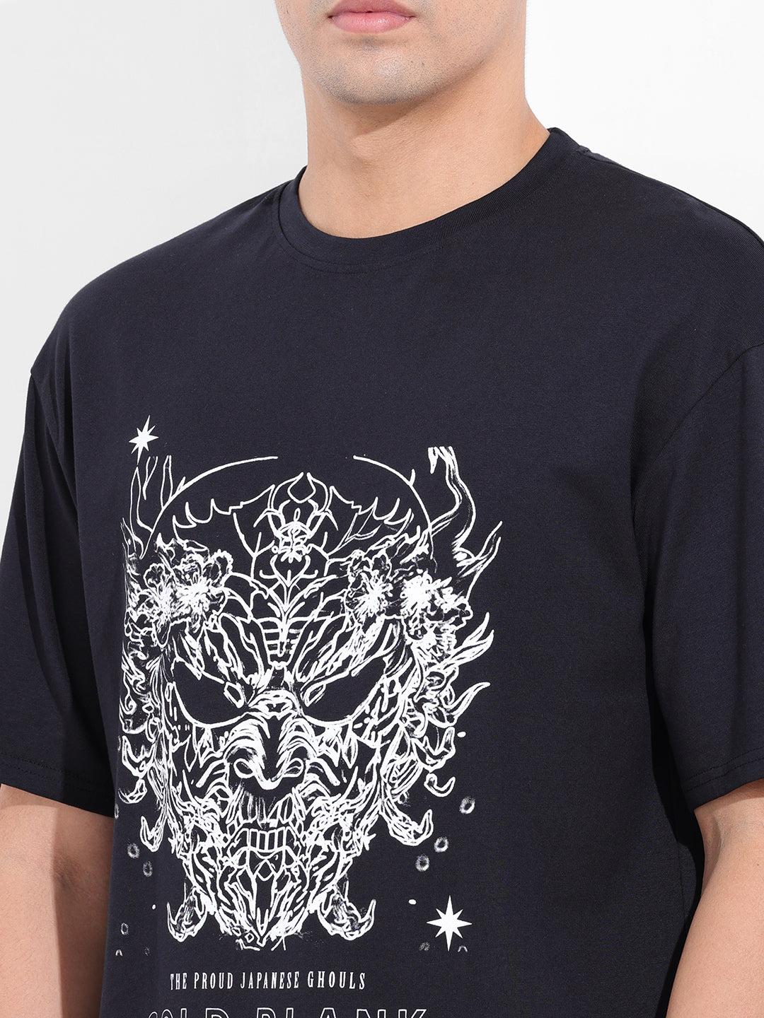 Men's Black Boxy Oversized Graphic Back Printed Round Neck T-shirt
