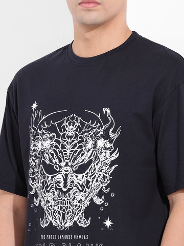 Men's Black Boxy Oversized Graphic Back Printed Round Neck T-shirt