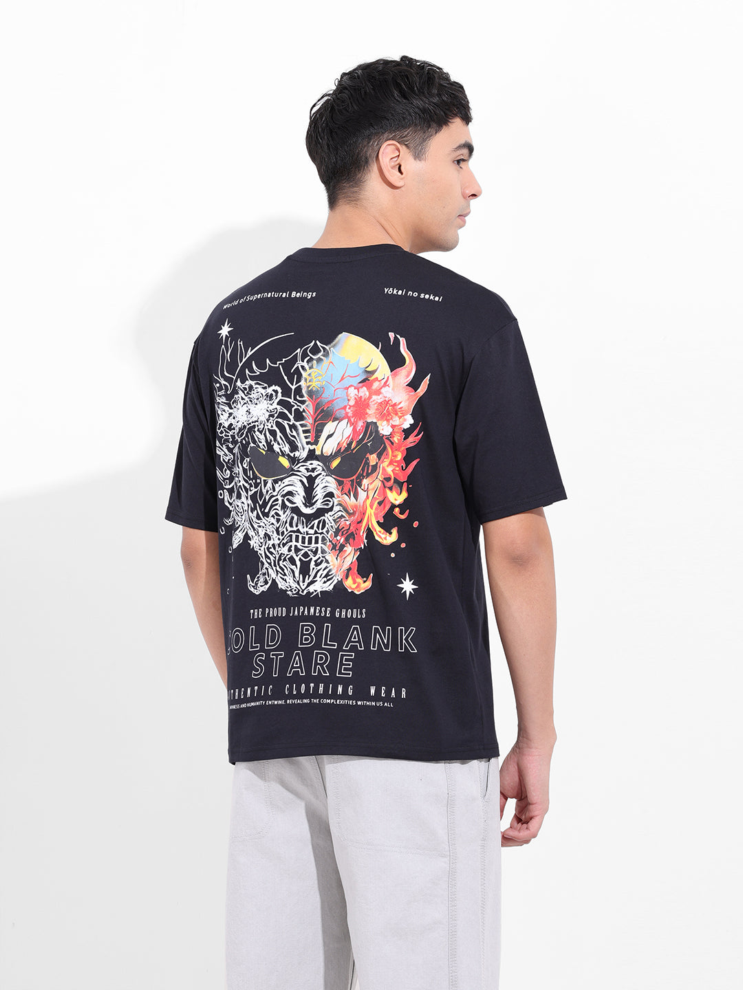 Men's Black Boxy Oversized Graphic Back Printed Round Neck T-shirt