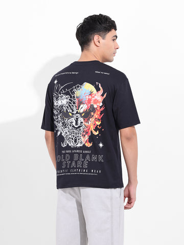 Men's Black Boxy Oversized Graphic Back Printed Round Neck T-shirt