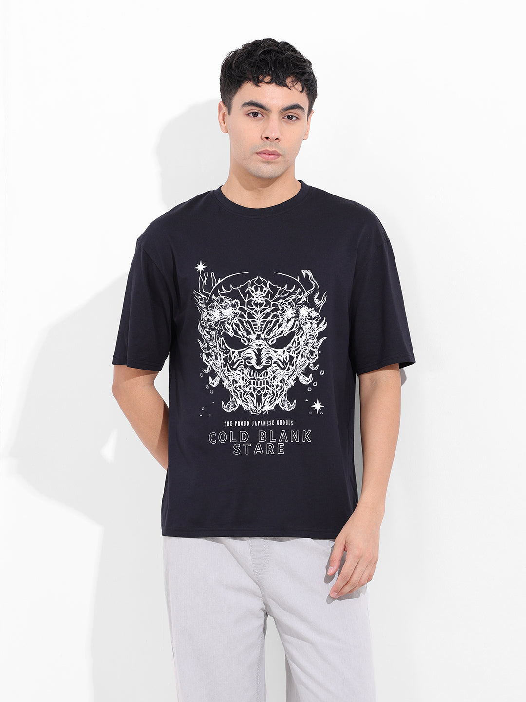 Men's Black Boxy Oversized Graphic Back Printed Round Neck T-shirt