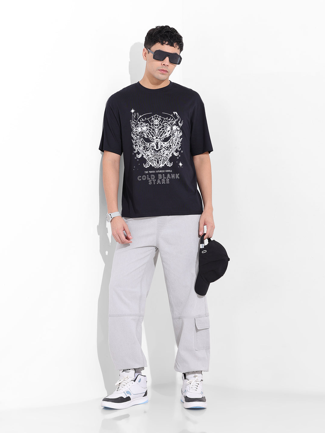 Men's Black Boxy Oversized Graphic Back Printed Round Neck T-shirt