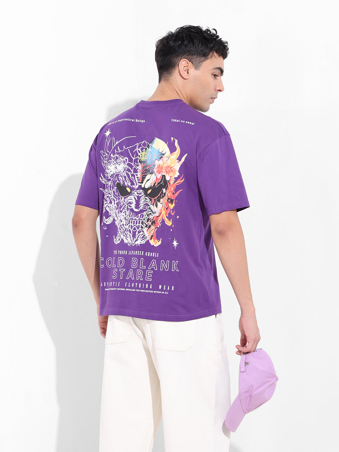 Men's Purple Boxy Oversized Graphic Back Printed Round Neck T-shirt