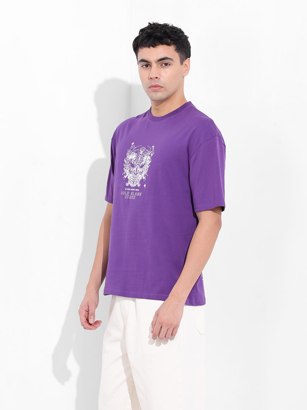 Men's Purple Boxy Oversized Graphic Back Printed Round Neck T-shirt