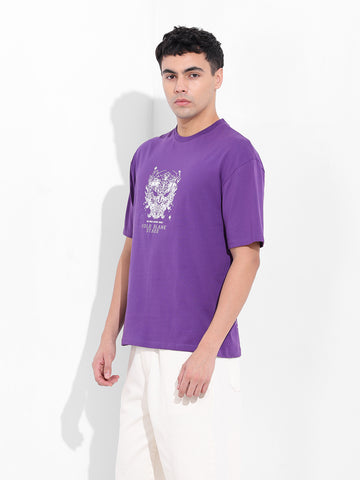 Men's Purple Boxy Oversized Graphic Back Printed Round Neck T-shirt