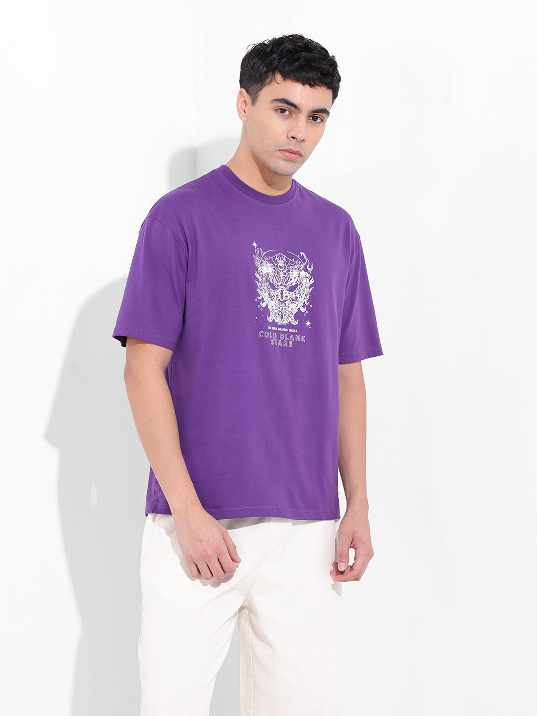 Men's Purple Boxy Oversized Graphic Back Printed Round Neck T-shirt