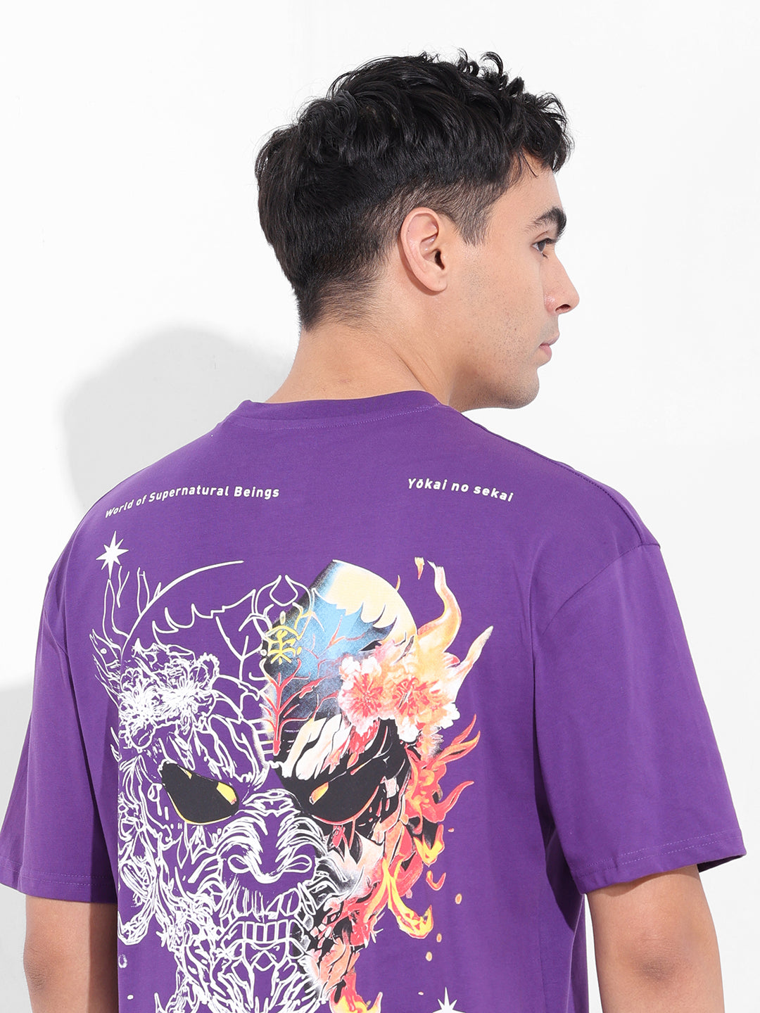 Men's Purple Boxy Oversized Graphic Back Printed Round Neck T-shirt