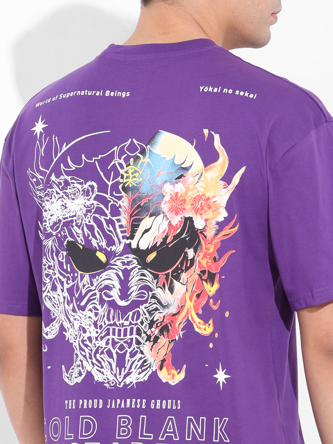 Men's Purple Boxy Oversized Graphic Back Printed Round Neck T-shirt