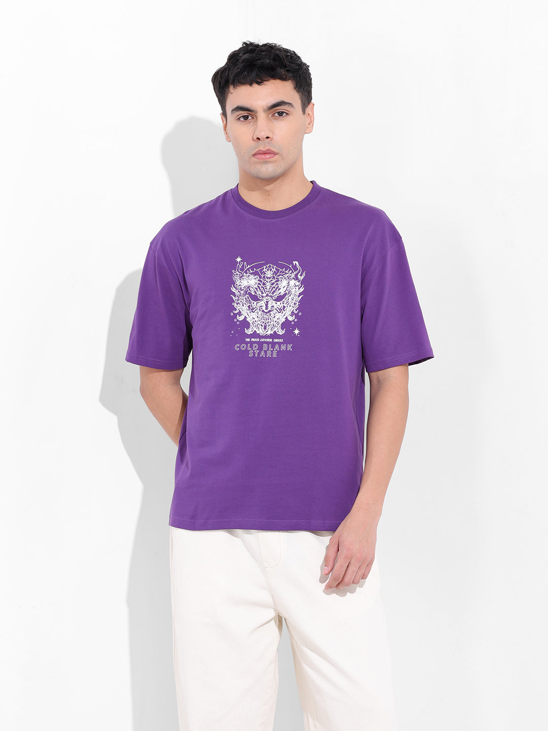 Men's Purple Boxy Oversized Graphic Back Printed Round Neck T-shirt
