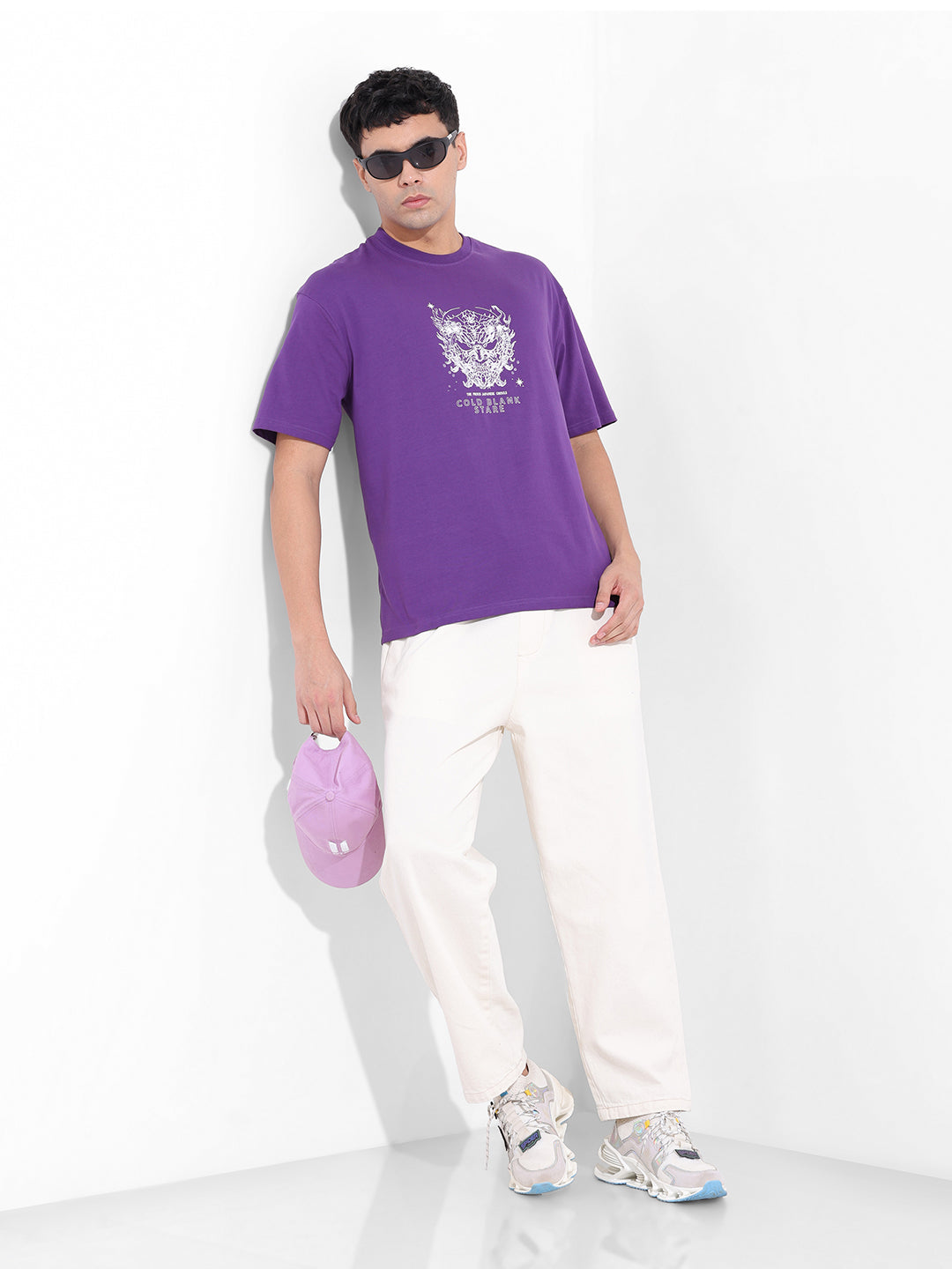 Men's Purple Boxy Oversized Graphic Back Printed Round Neck T-shirt