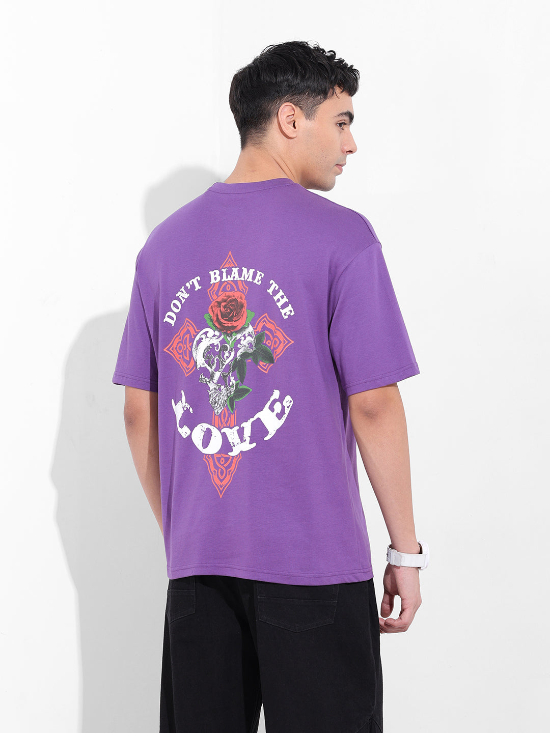 Men's Purple Boxy Oversized Graphic Back Printed Round Neck T-shirt