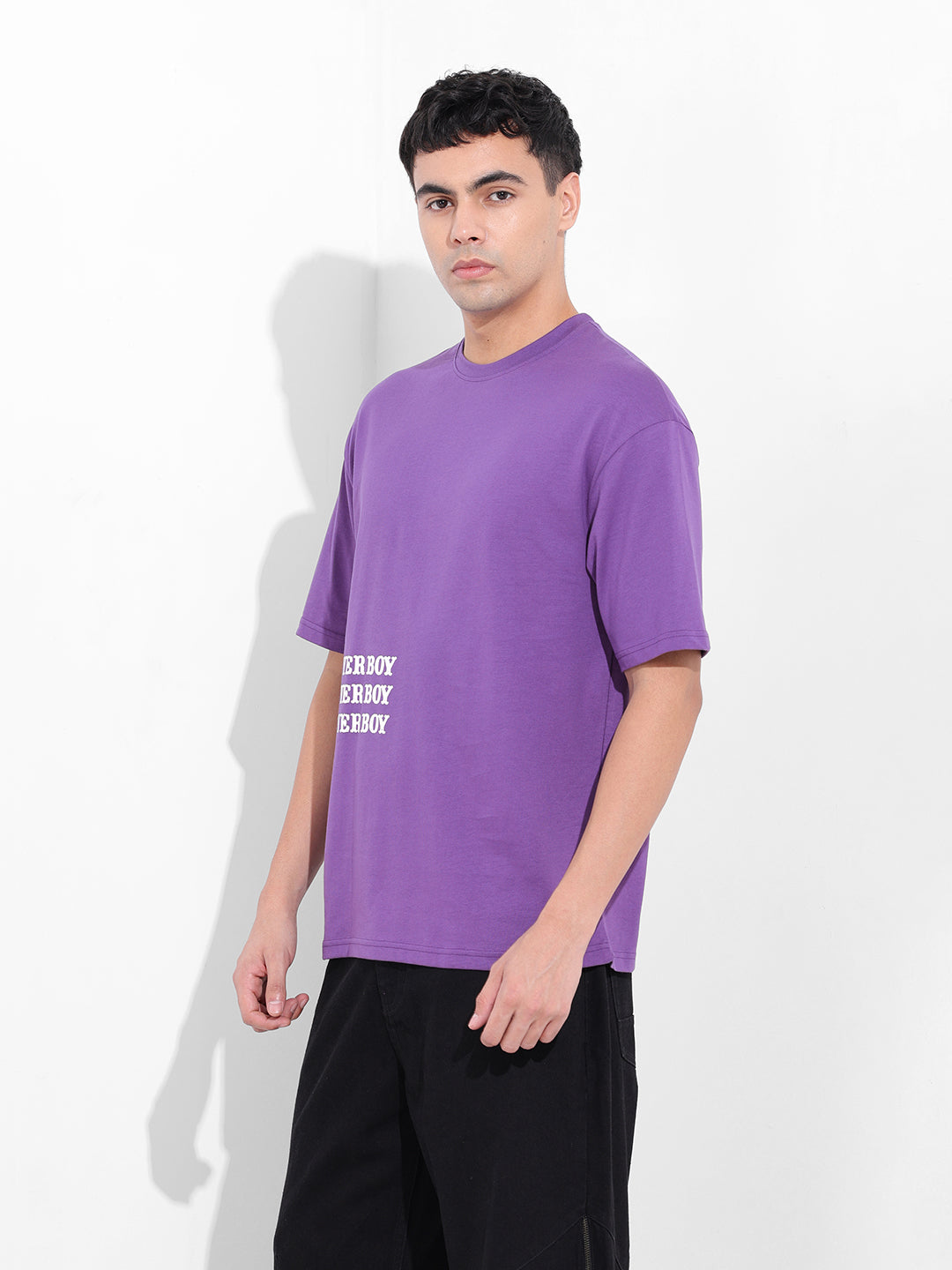 Men's Purple Boxy Oversized Graphic Back Printed Round Neck T-shirt