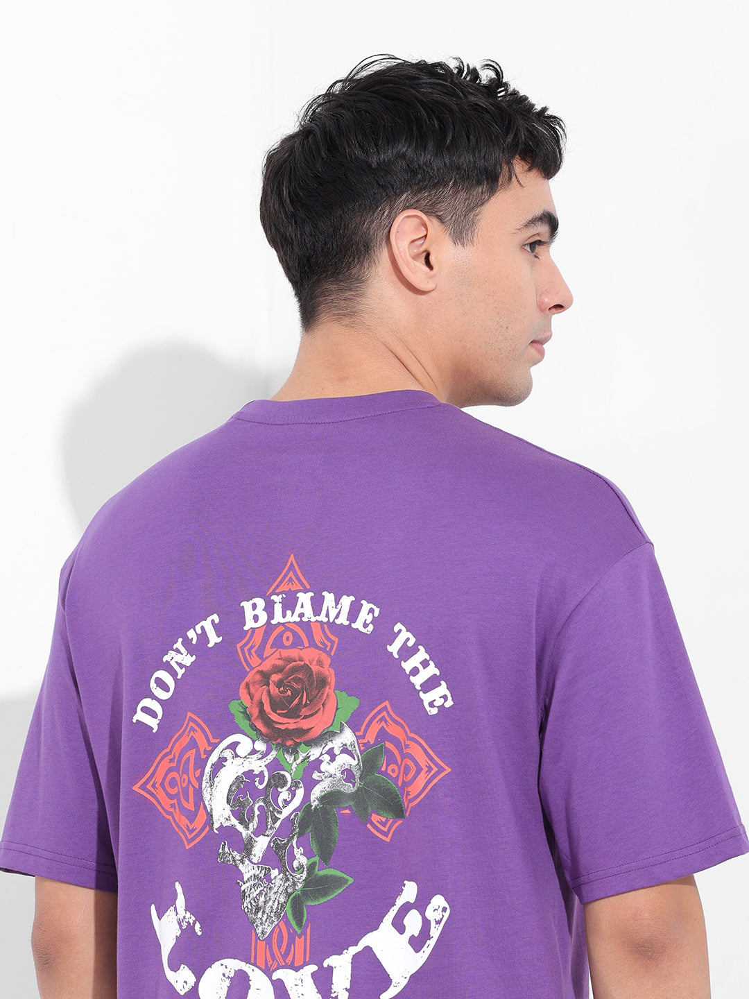Men's Purple Boxy Oversized Graphic Back Printed Round Neck T-shirt