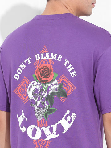 Men's Purple Boxy Oversized Graphic Back Printed Round Neck T-shirt