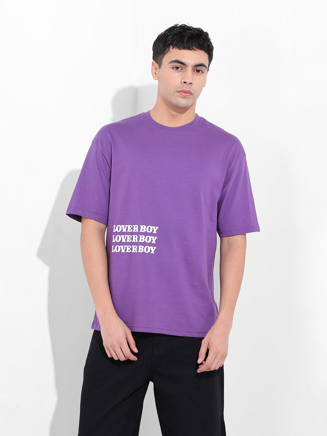 Men's Purple Boxy Oversized Graphic Back Printed Round Neck T-shirt