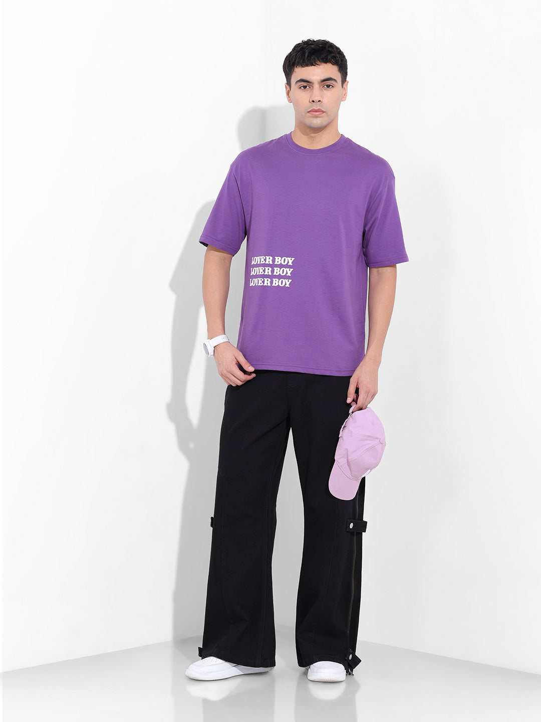 Men's Purple Boxy Oversized Graphic Back Printed Round Neck T-shirt