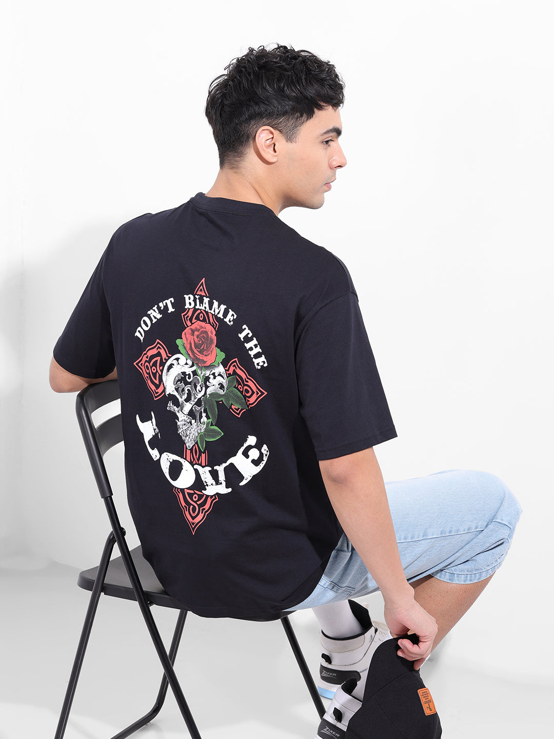 Men's Black Boxy Oversized Graphic Back Printed Round Neck T-shirt