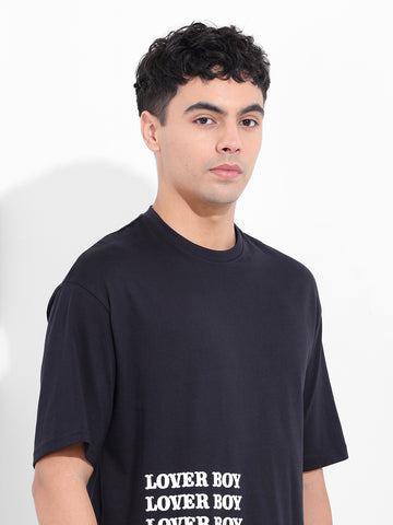 Men's Black Boxy Oversized Graphic Back Printed Round Neck T-shirt