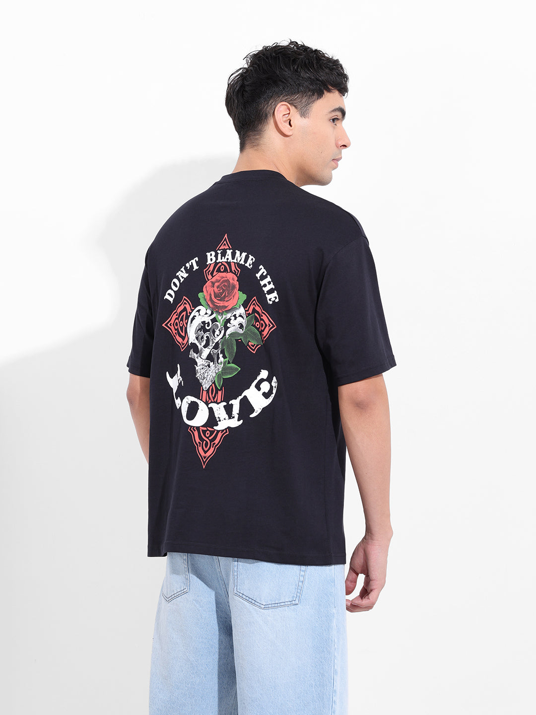 Men's Black Boxy Oversized Graphic Back Printed Round Neck T-shirt