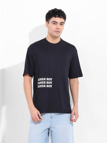 Men's Black Boxy Oversized Graphic Back Printed Round Neck T-shirt