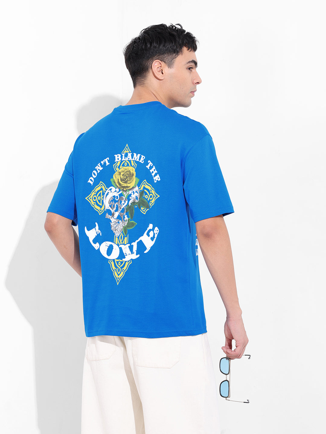 Men's Blue Boxy Oversized Graphic Back Printed Round Neck T-shirt
