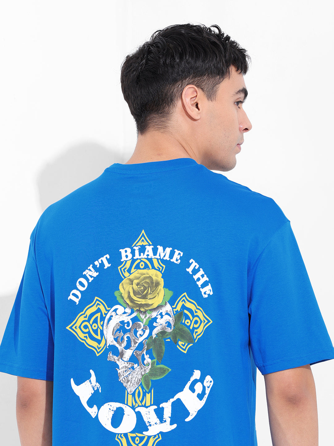 Men's Blue Boxy Oversized Graphic Back Printed Round Neck T-shirt