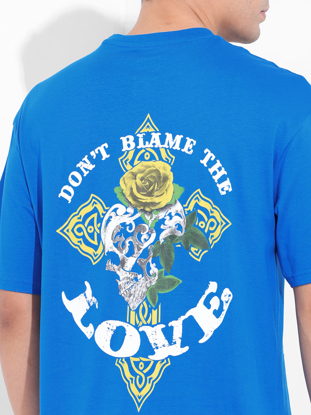 Men's Blue Boxy Oversized Graphic Back Printed Round Neck T-shirt